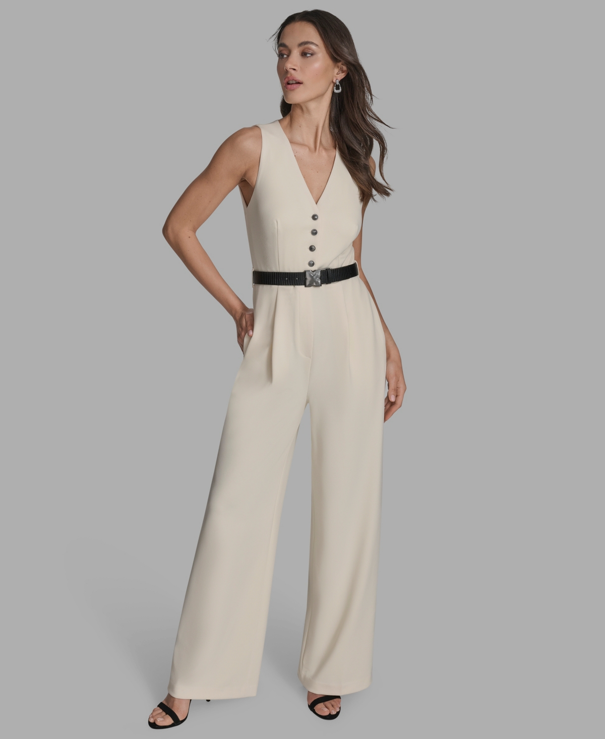 Bcbg Women's Belted V-neck Sleeveless Jumpsuit In White