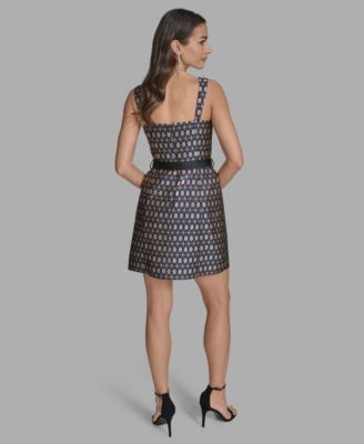 Women's Belted Metallic Jacquard A-Line Dress