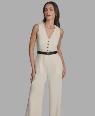 Women's Belted V-Neck Sleeveless Jumpsuit