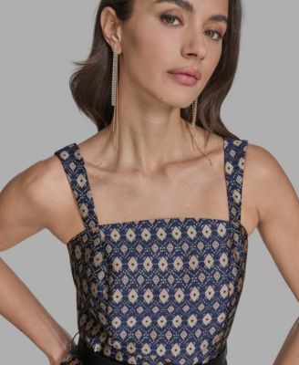 Women's Belted Metallic Jacquard A-Line Dress