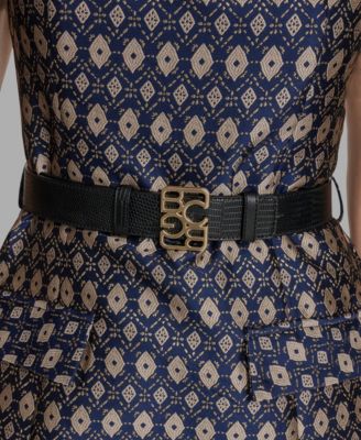 Women's Belted Metallic Jacquard A-Line Dress