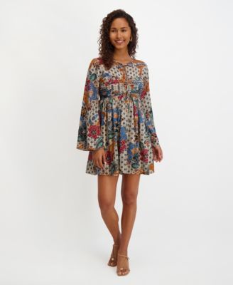 kensie - Women's Printed-Chiffon Long-Sleeve A-Line Dress