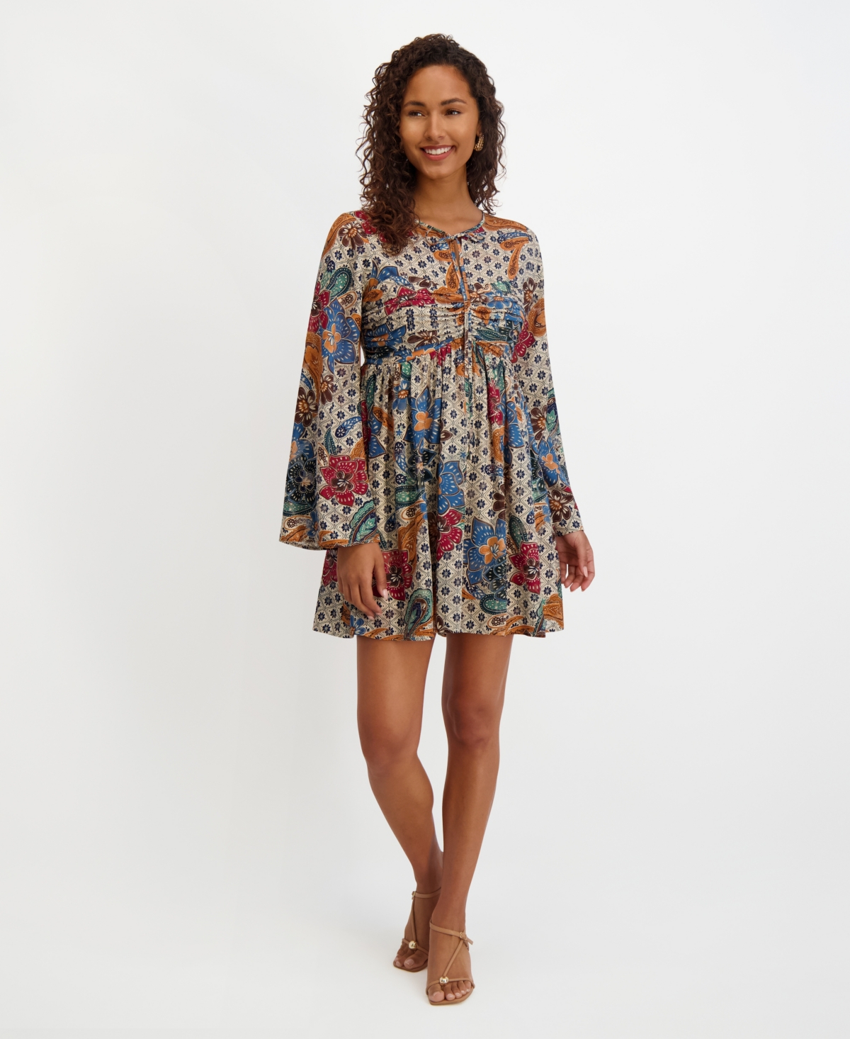 Kensie Women's Printed-chiffon Long-sleeve Fit And Flare Dress In Multi