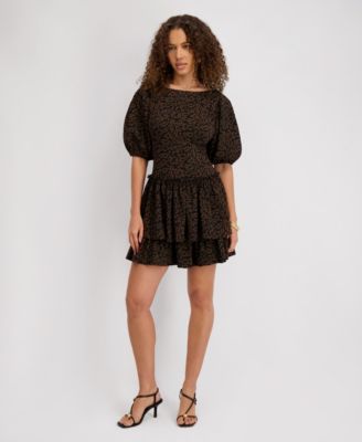 Women's Stretch-Jacquard Puff-Sleeve A-Line Dress