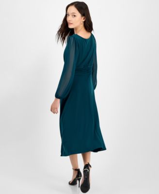 Petite Shirred-Waist Sheer-Sleeve Midi Dress