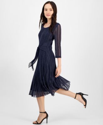 Petite Mesh Tie-Waist 3/4-Sleeve Midi Dress