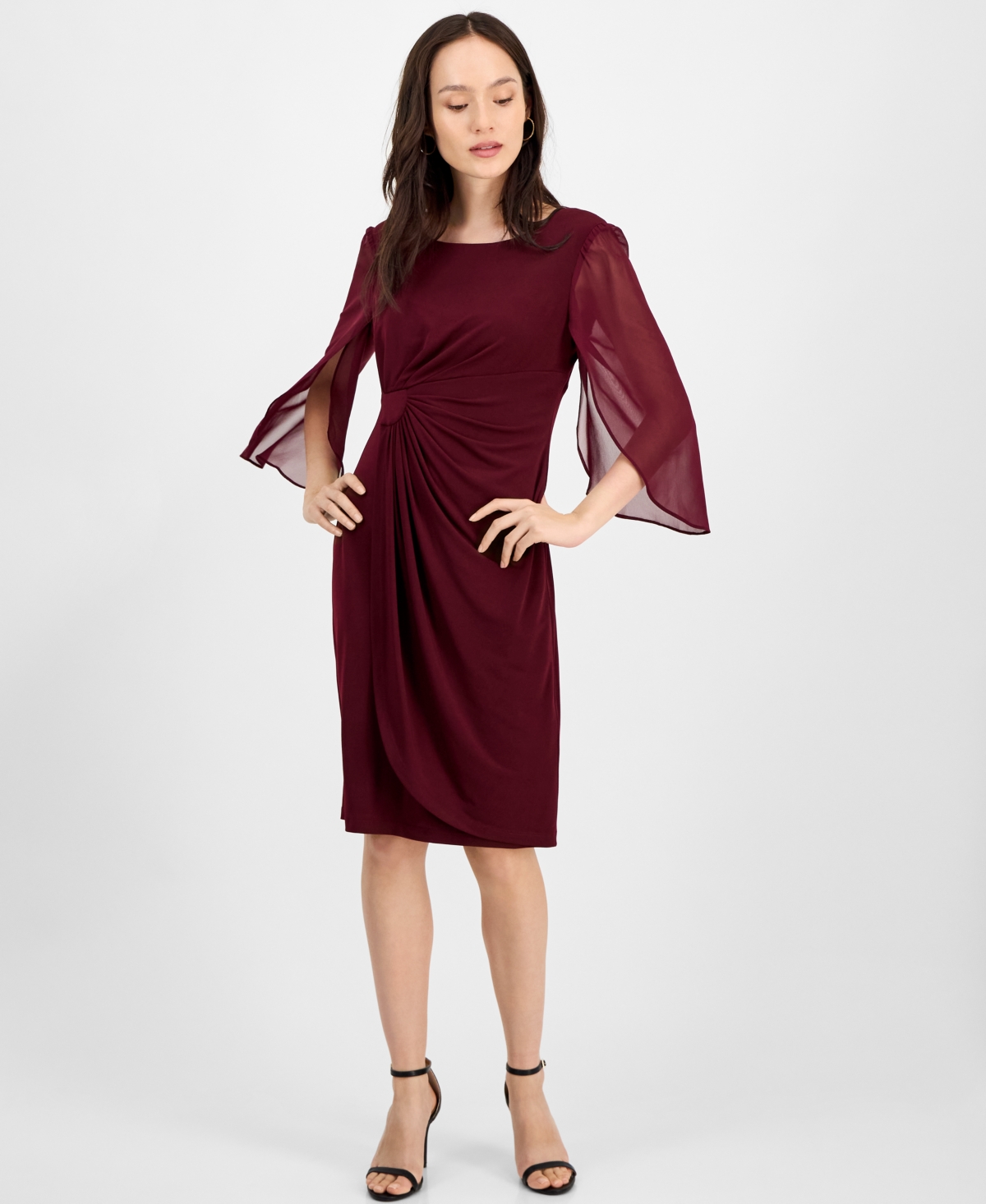 Connected Petite Chiffon Cape-sleeve Sheath Dress In Burgundy