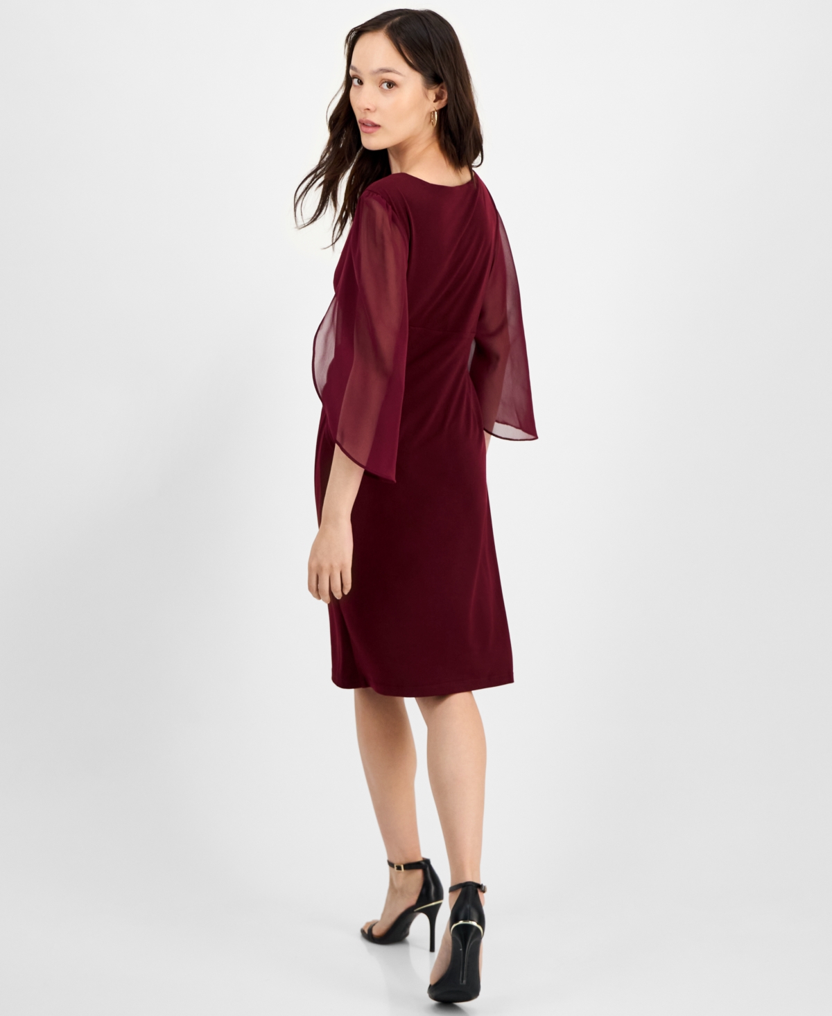 Connected Petite Chiffon Cape-sleeve Sheath Dress In Burgundy