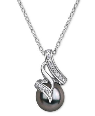 Macy's - Cultured Black Tahitian Pearl (8mm) & Diamond (1/20 ct. t.w.) Swirl 18" Pendant Necklace in Sterling Silver