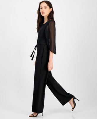 Petite Bell-Sleeve Tassel-Belt Wide-Leg Jumpsuit