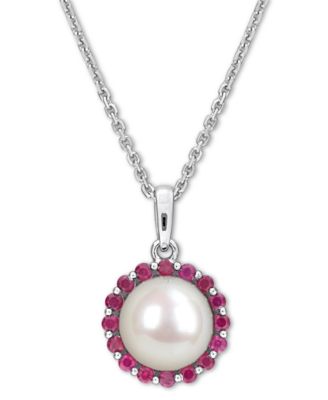 Macy's - Cultured Freshwater Pearl (8mm) & Ruby (1/3 ct. t.w.) 18" Pendant Necklace in Sterling Silver