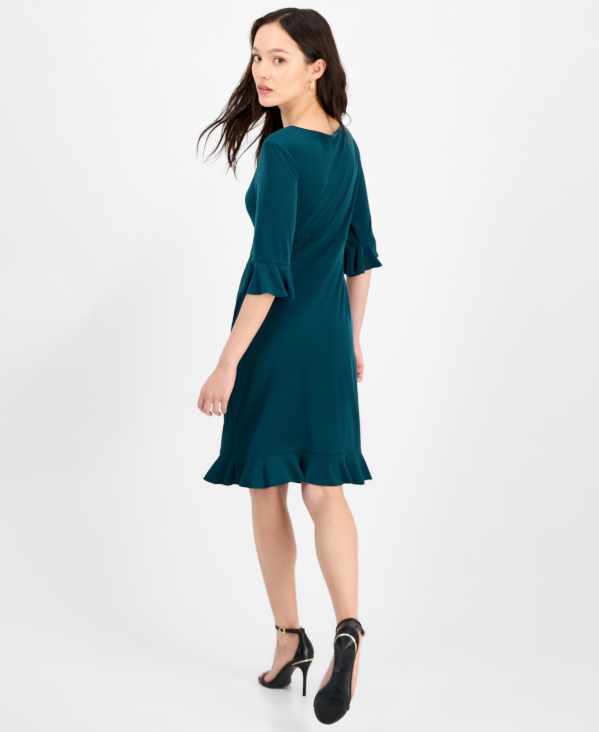 Connected Petite 3/4-sleeve Ruffle Jersey Dress In Green