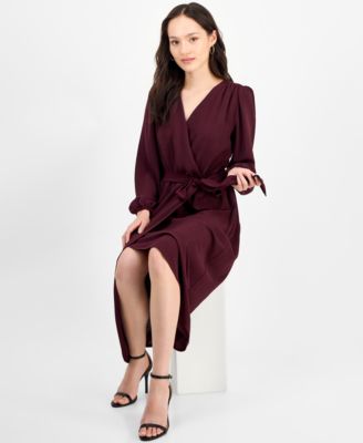 Petite Long-Sleeve Tied Wrap Dress 