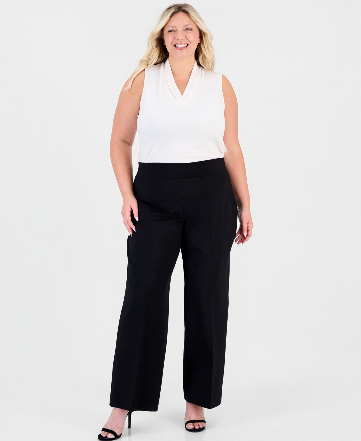 Anne Klein Plus Size Compression Pull-On Wide-Leg Trousers - Anne Black