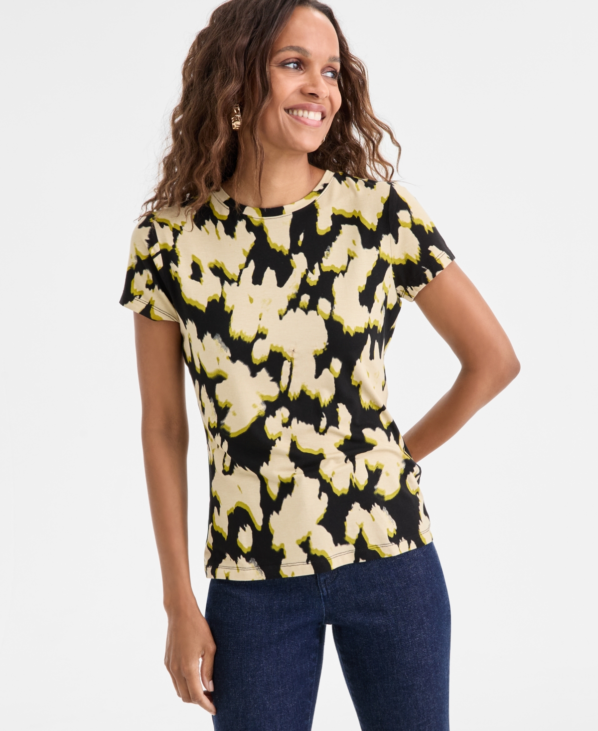 Inc International Concepts Petite Cotton Abstract-print Cap-sleeve T-shirt, Macy's Exclusive In Black