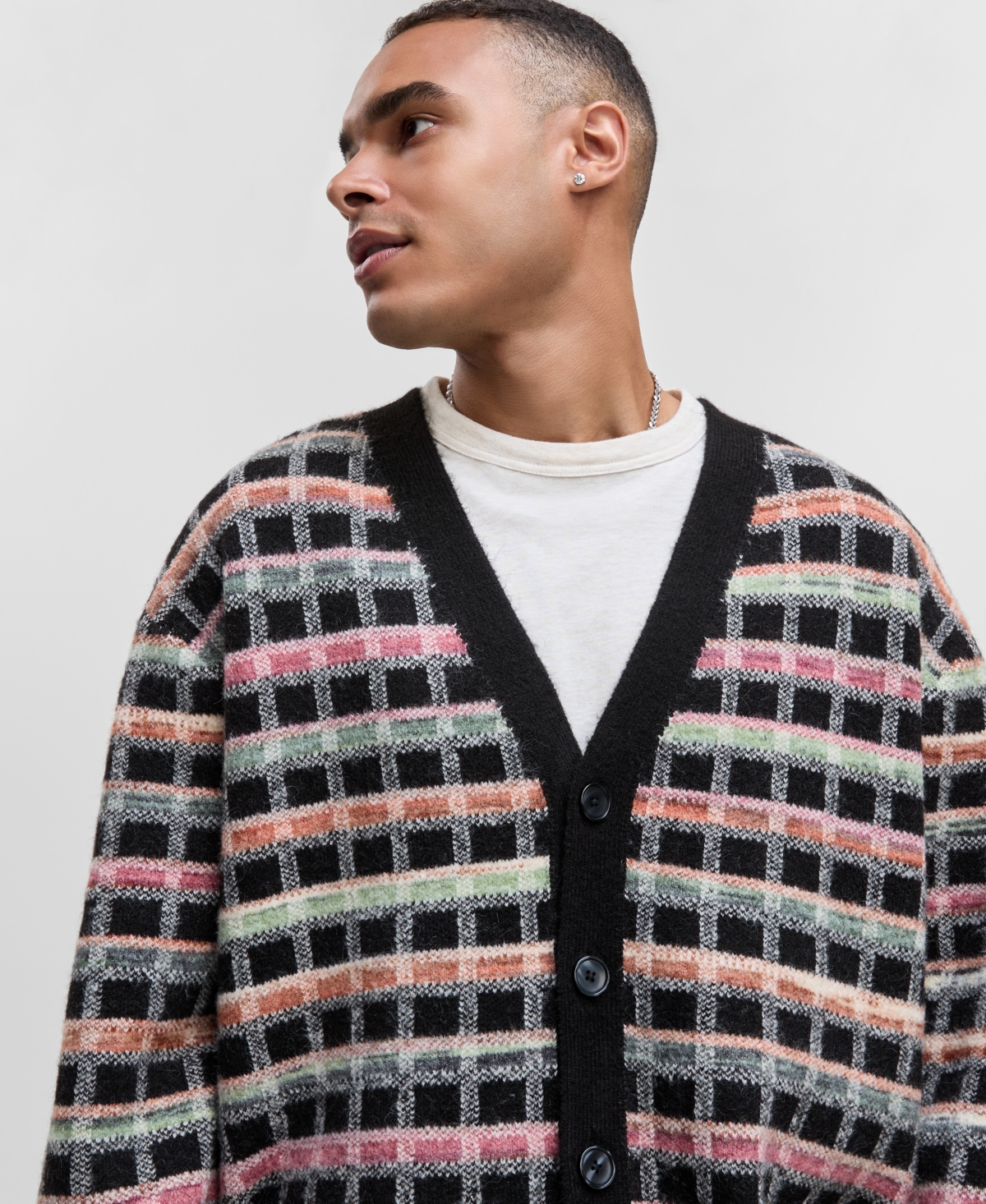 Mode Of One Men's Boxy-fit Plaid V-neck Cardigan, Macy's Exclusive In Black