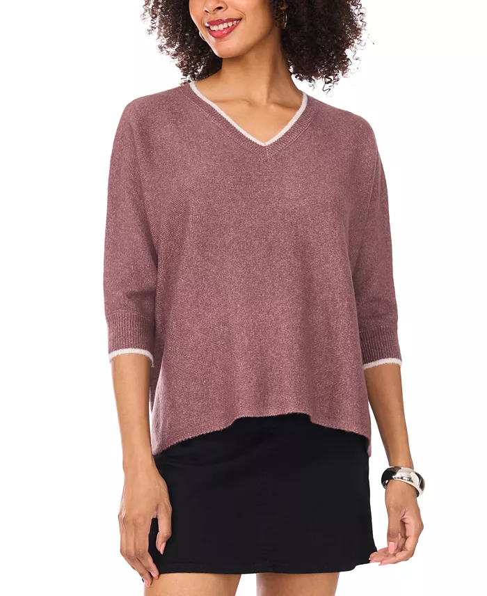 Women's Cozy V-Neck Tipped 3/4-Sleeve Sweater - thumbnail 5