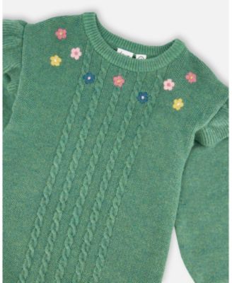 Girl Knitted Dress Sage Green with Ruffles and Floral Embroidery - Child