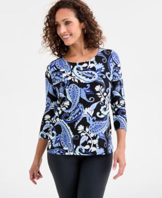 JM Collection Women's Printed 3/4 Sleeve Scoop-Neck Jacquard Top