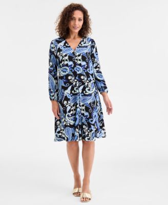 JM Collection - Women's Paisley-Print V-Neck Long-Sleeve Dress