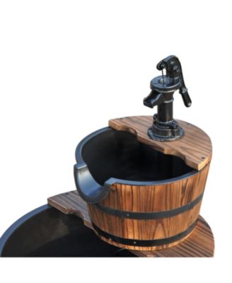 2 Tier Fountain Rustic Wood Barrel Water Fountain w/ Pump Garden Decor