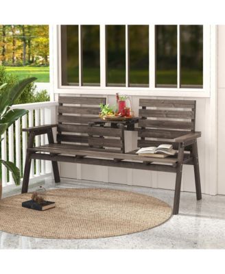 Outdoor Fir Wood Bench w/ Foldable Middle Table w/ Backrest & Armrests