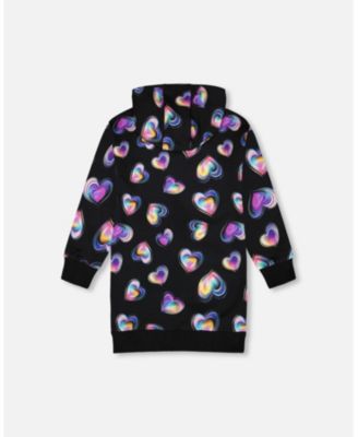 Girl Hooded Fleece Dress Black and Multicolor with Trompe-L Bag Detail - Child