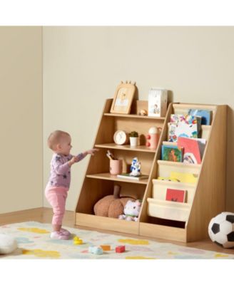 4-Tier Wooden Kids Bookshelf with 6-Layer Sling Rack for Books and Toy Storage