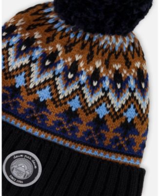 Boy Lined Knit Winter Hat with Pompom Taupe and Navy - Toddler|Child