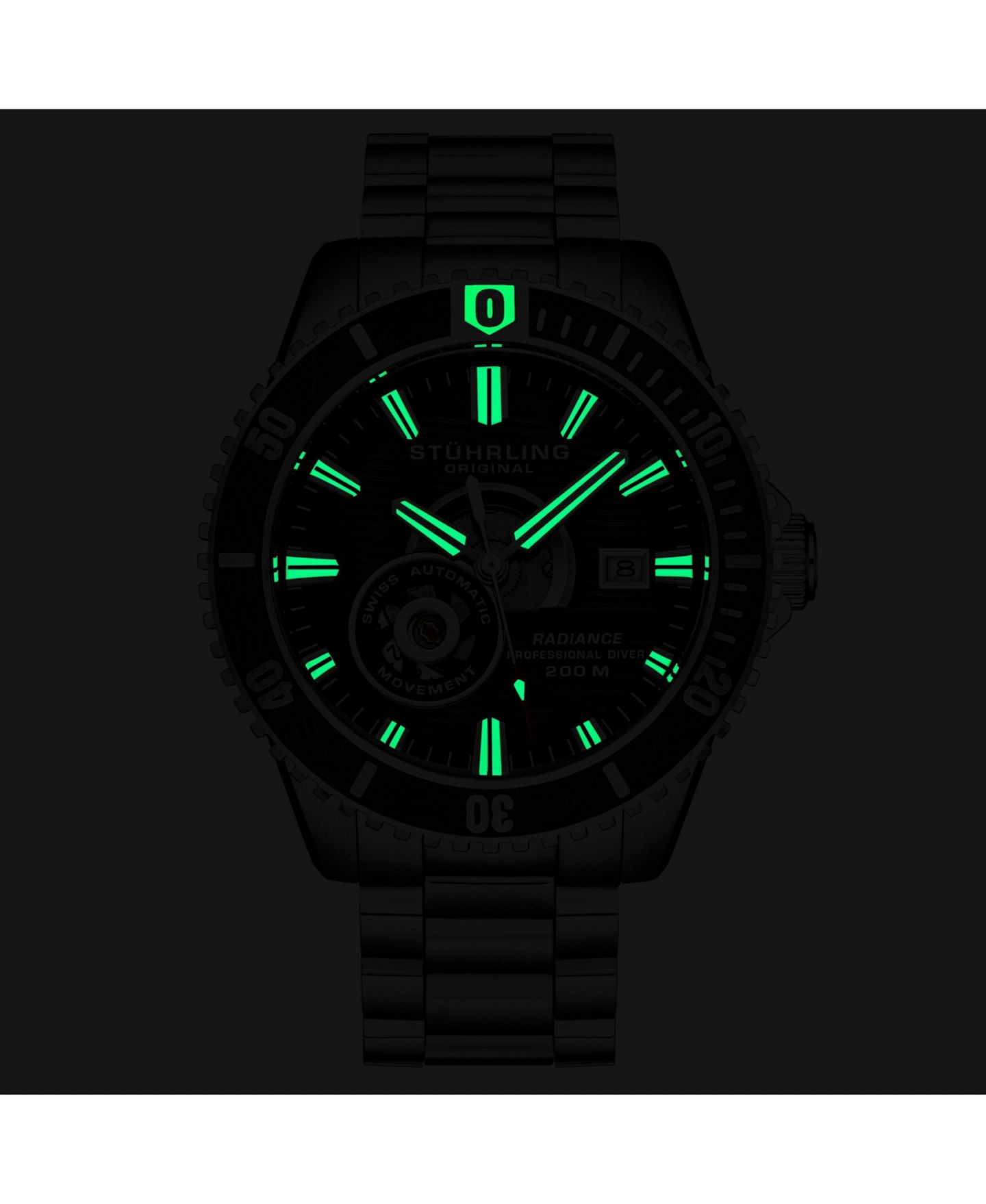 Мужские автоматические часы Stuhrling 1013, чёрный циферблат, стальной браслет, 200м — фото 2
