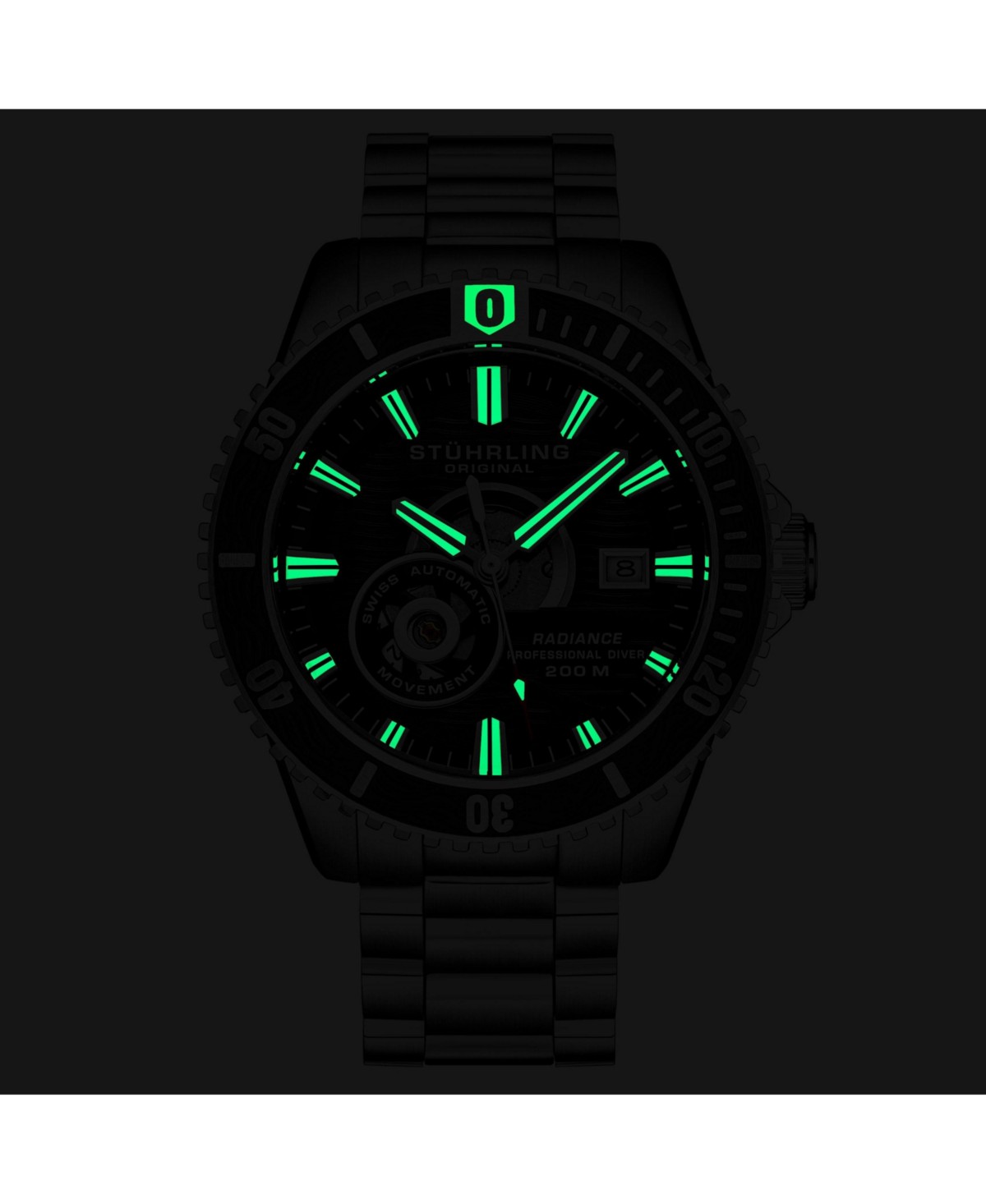 Мужские автоматические часы Stuhrling 1013, чёрный циферблат, стальной браслет, 200м — фото 3