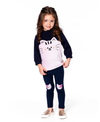 Girl Long Bi-Material Top Dark Blue with Cat - Toddler|Child