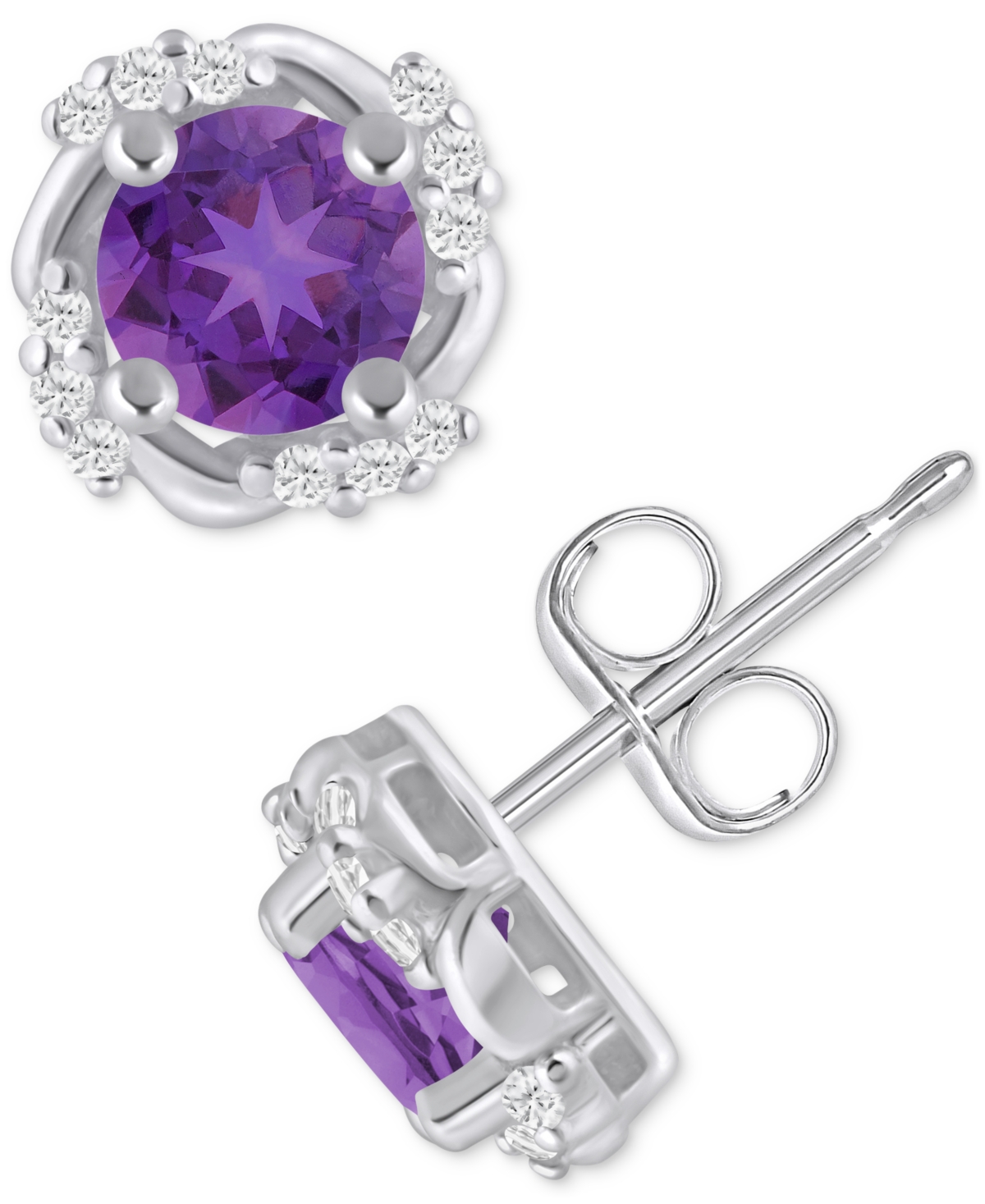 Macy's Gemstone And Diamond Framed 1/3" Stud Earrings In 14k Yellow Gold (also In 14k White Gold) In Purple
