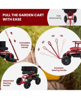 Adjustable Rolling Garden Cart with Swivel Seat and Tool Storage