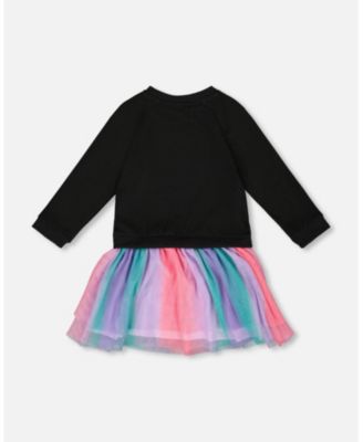 Little Girls Bi-Material Dress Black with Mesh Skirt - Toddler|Child