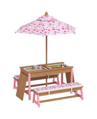 Kids Picnic Table, Wooden Table and Bench Set with Umbrella,