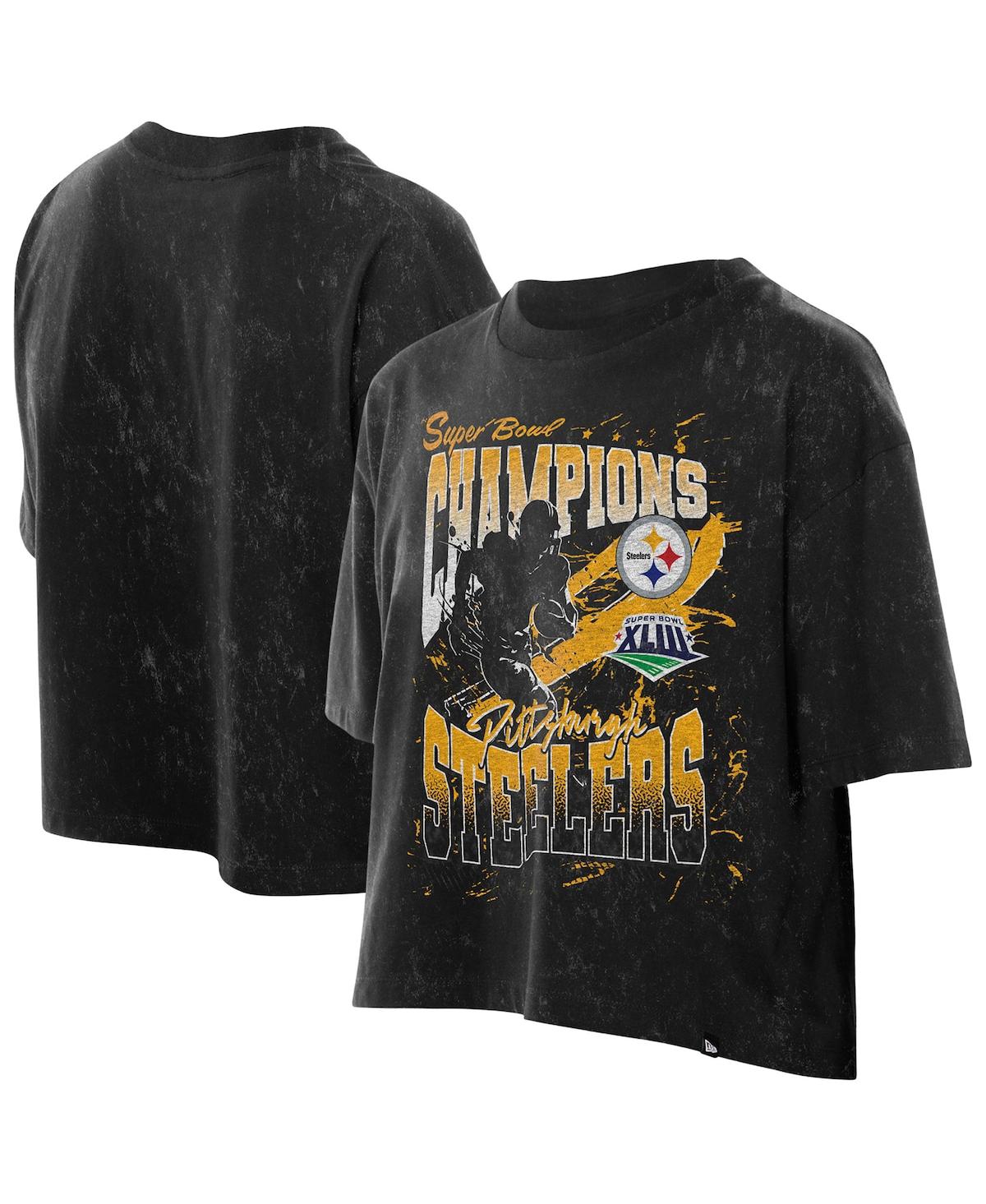 Women's Black Pittsburgh Steelers Cropped Boxy Sport Classics Mineral Wash T-Shirt - Black
