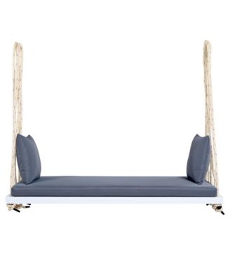 Patio Wooden Swing Chair, Hanging Porch Swing Bench with Cushion&Pillows, 10.8Ft Hemp Ropes for Garden,Backyard, Lawn,White