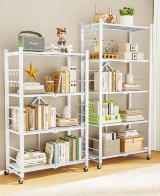 5-Tier Foldable Storage Shelves, Metal Storage Rack with Wheels and Hooks