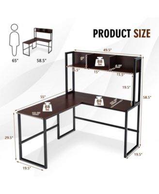 Industrial L-Shaped Desk Bookshelf 55 Inch Corner Computer Gaming Table