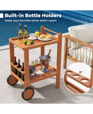 2 Tier Rolling Serving Cart with Wine Bottle Holders and 2 Rubber Wheels