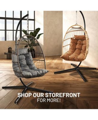 Foldable Egg Chair - Rattan Wicker Hanging Egg Swing Chair with Stand, Waterproof Seat Cushion,, and Headrest for Patio, Bedroom, Porch, and Garden (Deep Gray)
