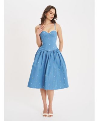 Women's Zadie Cotton Denim Drop Waist Embroidery Flower Midi Dress