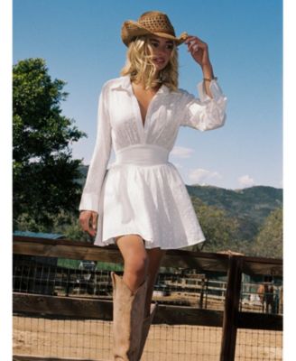 Women's Gabriella White Cotton Eyelet Button Up Long Sleeve Shirt Dress