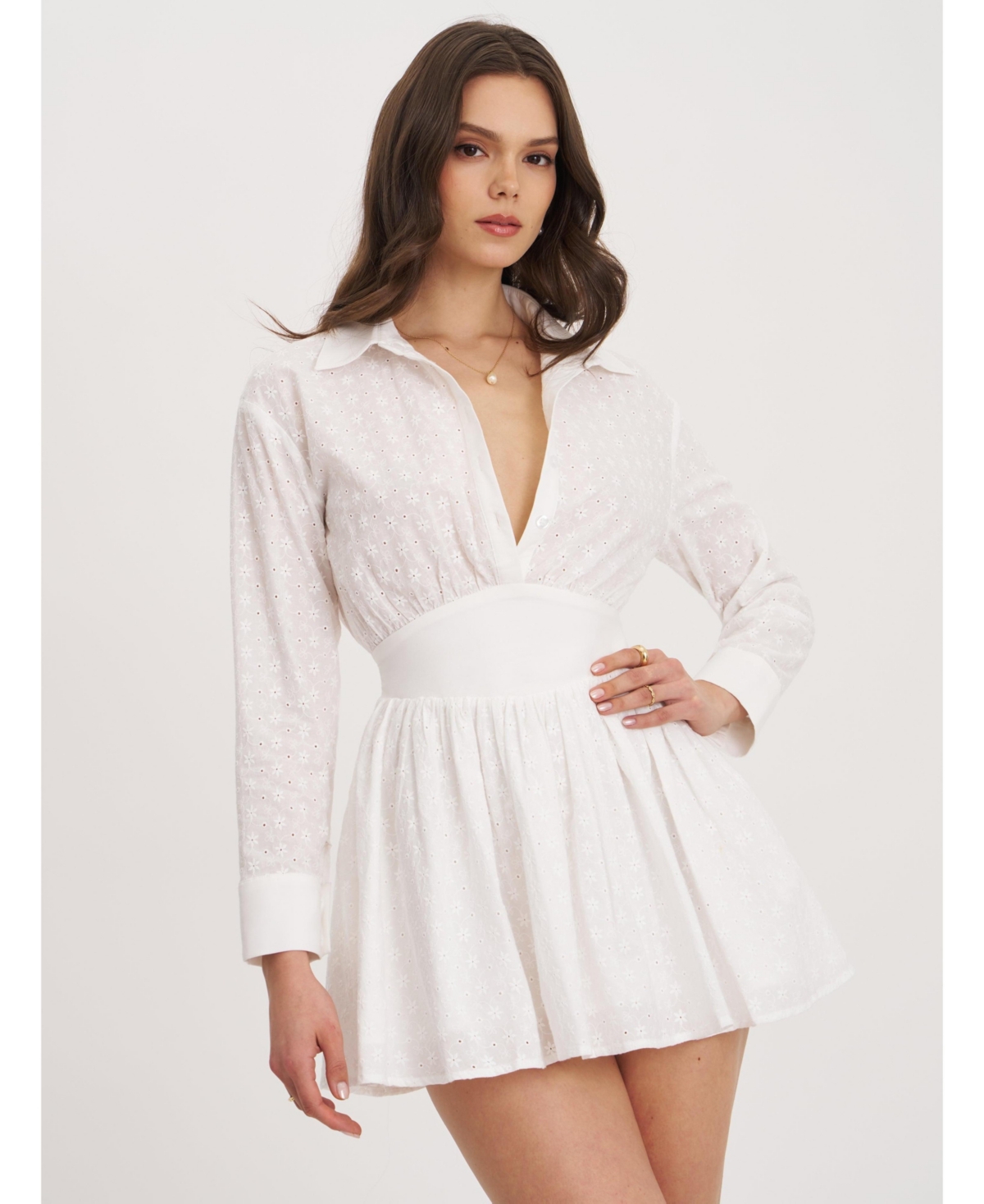 Women's Gabriella White Cotton Eyelet Button Up Long Sleeve Shirt Dress - White