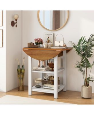 Folding Drop-Leaf Round Dining Table with 2 Shelves