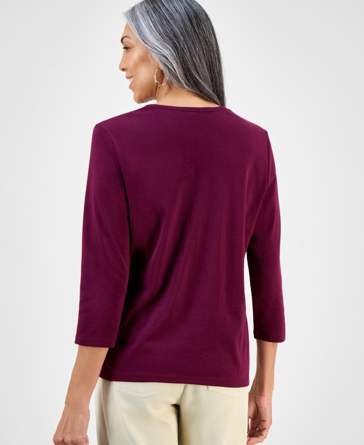 Style & Co Womens Cotton 3 4 Sleeve V Neck Tee Pxs 4x Created For Macys In Burgundy