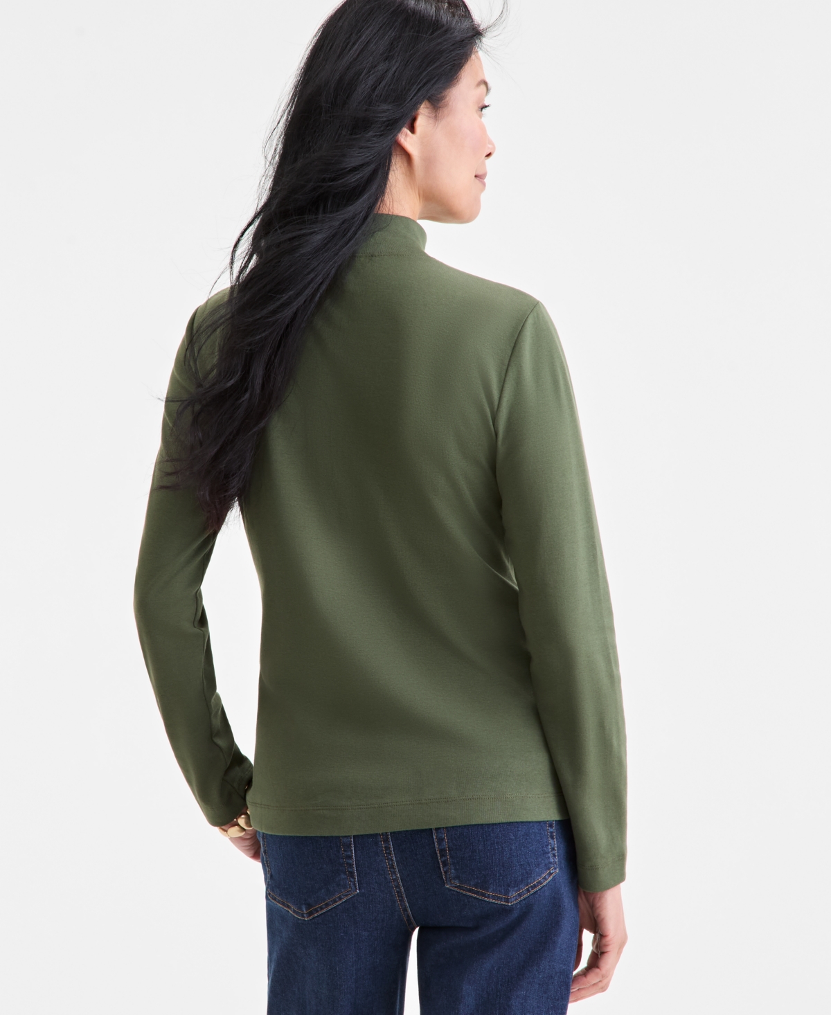 Style & Co Women's Cotton Mock-neck Long-sleeve Tee, Created For Macy's In Green