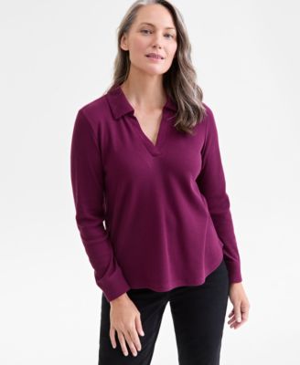 Style & Co - Women's Waffle-Knit Long-Sleeve Polo Top