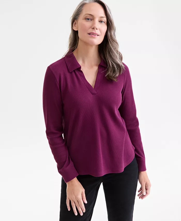 Women's Waffle-Knit Long-Sleeve Polo Top - thumbnail 3